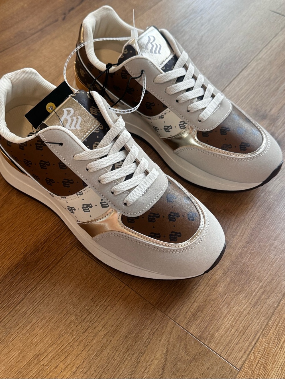 Rocawear platform sneakers monogram chunky tan brown white faux leather